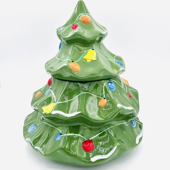 Christmas Tree Ceramic Lidded Cookie Jar. Brighten The Season 2006 Holiday Decor - Picture 2 of 6
